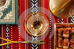 Iconic Abrian fabric tea and dates symbolise Arabian hospitality