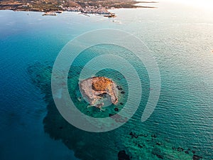 Iconic aerial view over the oldest submerged lost city of Pavlopetri in Laconia, Greece. About 5,000 years old Pavlipetri is the