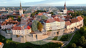 Iconic aerial view of Tallinn Old Town and Toompea hill on a sunny summer evening, Estonia