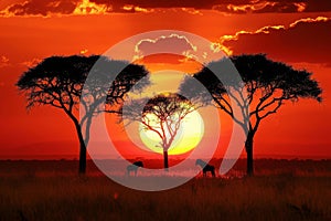 Iconic African Sunset with Silhouetted Acacia Trees. Generative AI