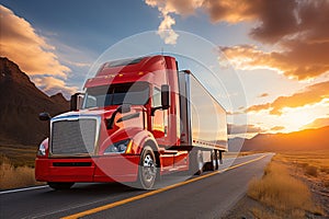 Iconic american truck hauling load on freeway, showcasing efficient highway transportation