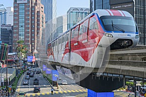 Iconic automated aerial monorail train at Bukit Bintang district of Kuala Lumpur