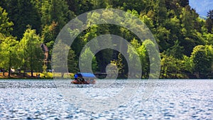 Iconic Bled scenery. Boats at lake Bled, Slovenia, Europe. Wooden boats on the Island on Lake Bled, Slovenia