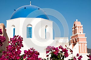 Iconic blue domed church in Fira, Santorini