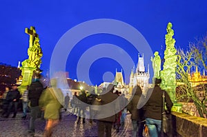 Iconic Charles Bridge people sightseeing at night Prague city Czechia