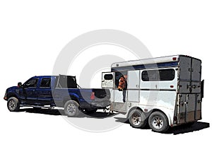 Iconic clipart of a blue pickup pulling a white horse trailer