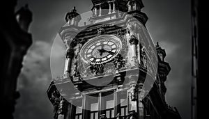 Iconic clock tower illuminates historic city skyline in monochrome dusk generated by AI