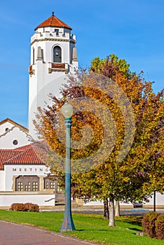 Iconic depot in Boise Idaho with fall trees