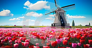 Iconic Dutch Landscape Windmill and Tulips