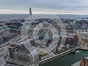 Aerial view of the Turning Torso tower in VÃ¤stra Hamnen neighborhood Malmo Sweden photo