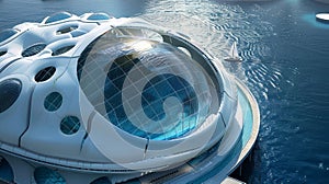 An iconic floating stadium designed to resemble a giant floating sphere offering a 360degree view of the ocean or river
