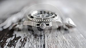 Close-up view of a well-known, Swiss manufactured men`s automatic diving watch seen on a jewellers table.