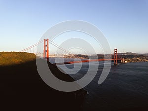 Iconic Golden Gate Bridge spanning the Pacific Ocean in the city of San Francisco, California.