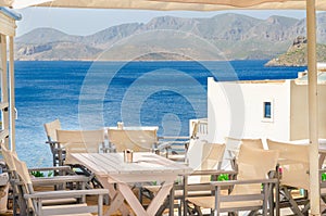 Iconic Greek restaurant blue tablecloth, Greece