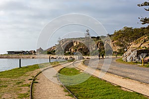 The iconic horse drawn cart and iconic rock formations on Granite Island Victor Harbor South Australia on August 3 2020