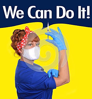 Iconic Image of a Female Factory Worker With Covid Protection Ready to Administer Vaccine