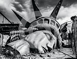 The iconic image of the statue of liberty destroyed - The end of the world - Apocalyptic vision of the future world - Disaster photo
