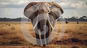 Iconic Imagery: A Powerful Tusked Elephant Grazing In The Savannah Meadow