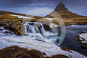 Iconic Kirkjufellsfoss mountain and waterfall