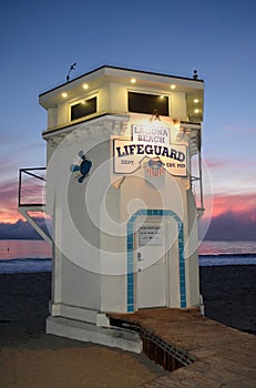 The iconic life guard tower on the Main Beach of Laguna Beach, California.