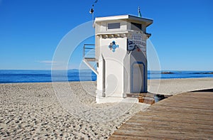 The iconic life guard tower on the Main Beach of Laguna Beach, California.