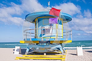 Iconic lifeguard tower on Miami Beach on a sunny day