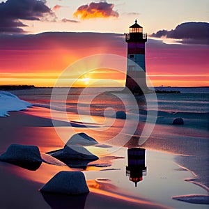 Iconic lighthouse and colorful ocean view at sunset made