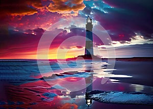 Iconic lighthouse and colorful ocean view at sunset made generative AI