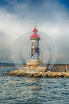 Iconic lighthouse in the harbor of Saint-Tropez, Cote d& x27;Azur, France