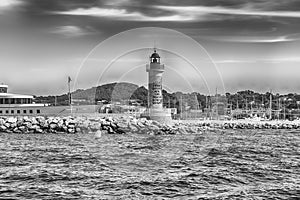 Iconic lighthouse in the harbor of Saint-Tropez, Cote d& x27;Azur, France