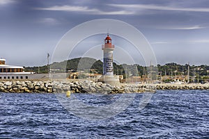 Iconic lighthouse in the harbor of Saint-Tropez, Cote d`Azur, France