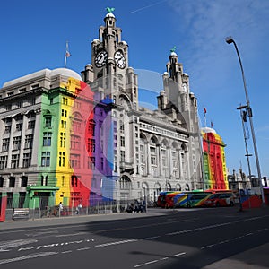 Iconic Liver Building in rainbow colours. Generative AI