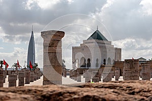 Iconic mausoleum of the Moroccan kings Hassan II. and Mohammed V. at the Hassan quarter in Rabat