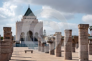 Iconic mausoleum of the Moroccan kings Hassan II. and Mohammed V. at the Hassan quarter in Rabat