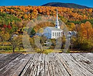 Iconic New England church in Stowe town at autumn