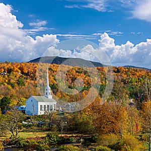 Iconic New England church in Stowe town at autumn