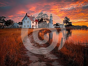 The iconic Ocracoke Lighthouse at sunset
