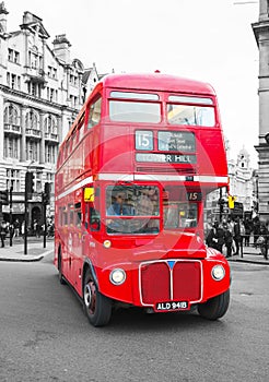 Iconic red double decker bus in London