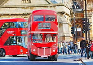 Iconic red double decker bus in London