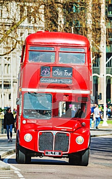 Iconic red double decker bus in London