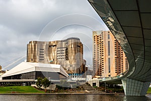 The iconic river torrens foot bridge and the golden new adelaide casino hotel in south australia on the 3rd June 2020