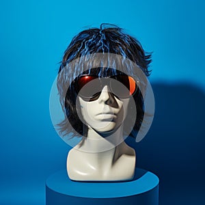 Iconic Rock And Roll Imagery: Male Mannequin Head With Dark Blue Sunglasses And Brunette Wig