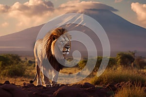 Iconic savanna scene, lion\'s portrait with Mount Kilimanjaro at sunset