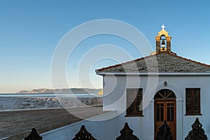 Iconic scenary of traditional Greek orthodox church. Aerial view of Panagitsa Tou Pirgou church, Skopelos island, Greece