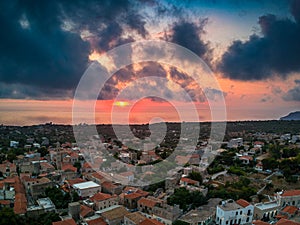 Iconic scenery over the old historical town of Areopoli Lakonia  Greece against a dramatic sunset sky