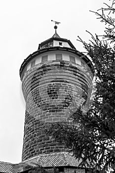 The iconic Sinwell Tower, part of the Kaiserburg, the royal fortification in old town, Nuremberg, Germany