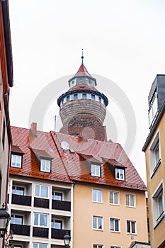 The iconic Sinwell Tower, part of the Kaiserburg, the royal fortification in old town, Nuremberg, Germany