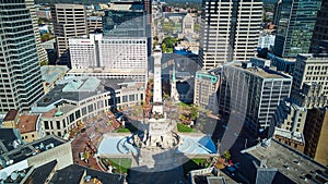 Iconic Soldiers and Sailors Monument from above and showcasing city in downtown Indianapolis, Indiana