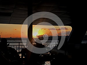 Iconic Istanbul Bosporus Scene At Sunset. Silhouette Of The City Captured From A Boat