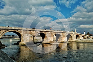 Iconic stone bridge over the Vardar River in Skopje, Macedonia